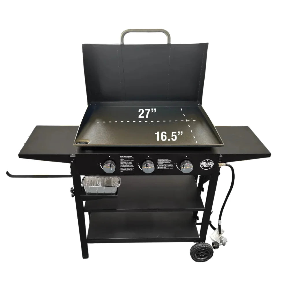 Griller's Choice Gas Griddle with Hinged Hood, Wind Guards, Easy Clean Front Grease System, 4 Shelves, Propane Griddle for Flat Grills Outdoor Cooking, Front Grease Management, Steel Flattop Grills Surface, Precision Heat Control