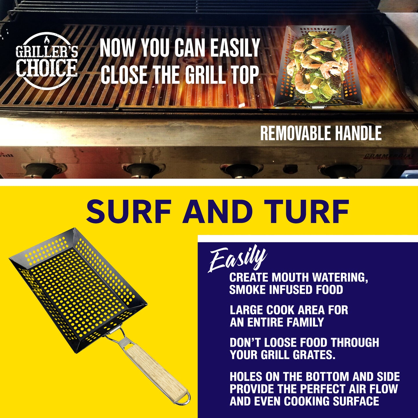Griller's Choice Rectangular Grill Basket With Removeable Handle - Large Non-Stick Commercial Basket With Handle For Outdoor Grilling. Designed By Chef, BBQ Judge. BBQ Grill Accessory Grill Pan.