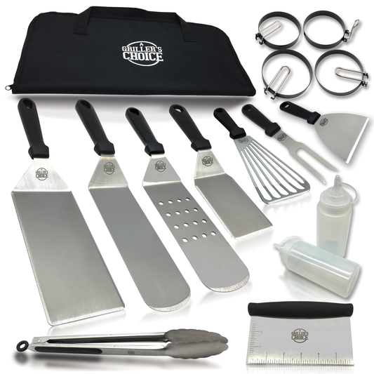 grillers choice, griddle accessory set, blackstone, griddle set, griddle spatula, griddle cleaning kit, griddle tools, flat top grill, flat top griddle set, bench scraper, griddle tools, grill tools, grill accessories, stainless steel spatula, blackstone accessories, blackstone set, hibachi, grilling utensils, BBQ tools