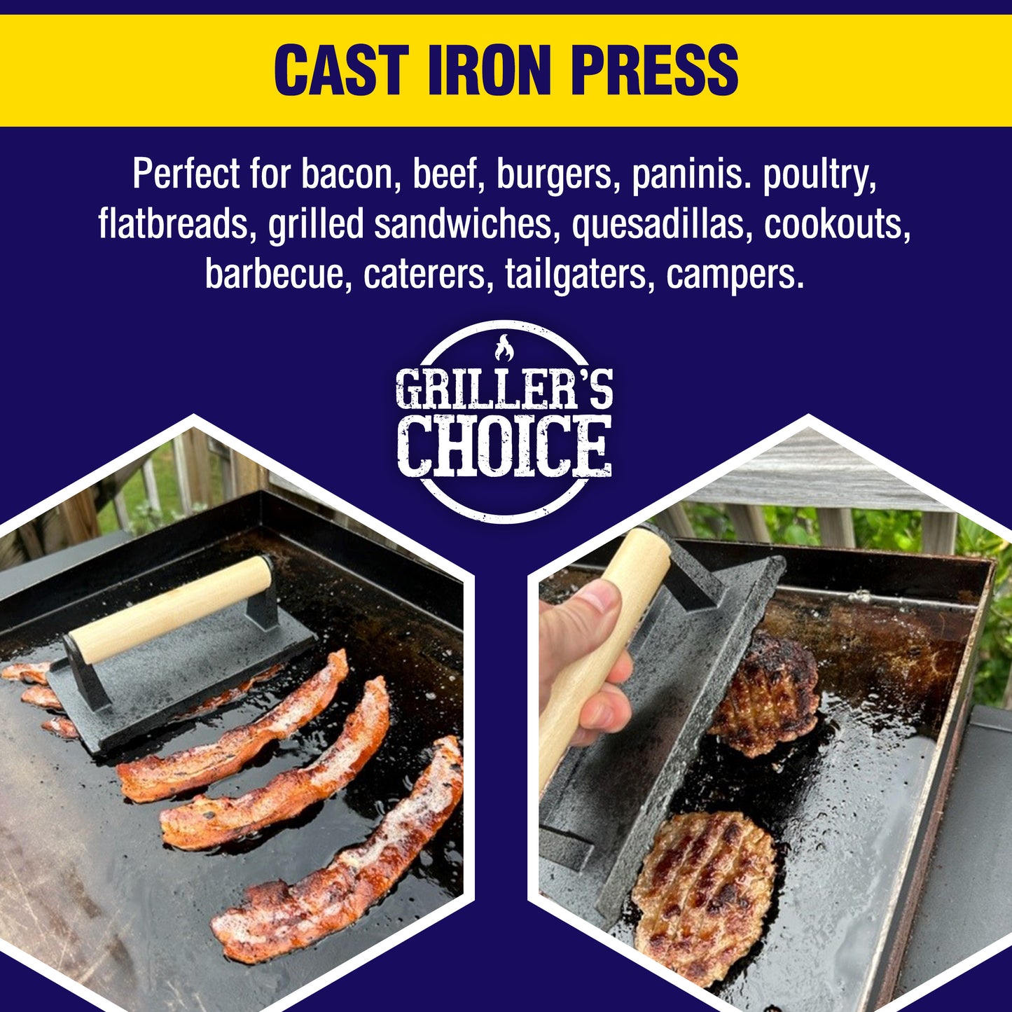 Grillers Choice Bacon Press and Grill Press 2 Piece Set - Durable Cast Iron Meat Press, Hamburger Smasher, Perfect for Grilling and Griddle Cooking, Ideal for Chefs and Cooks