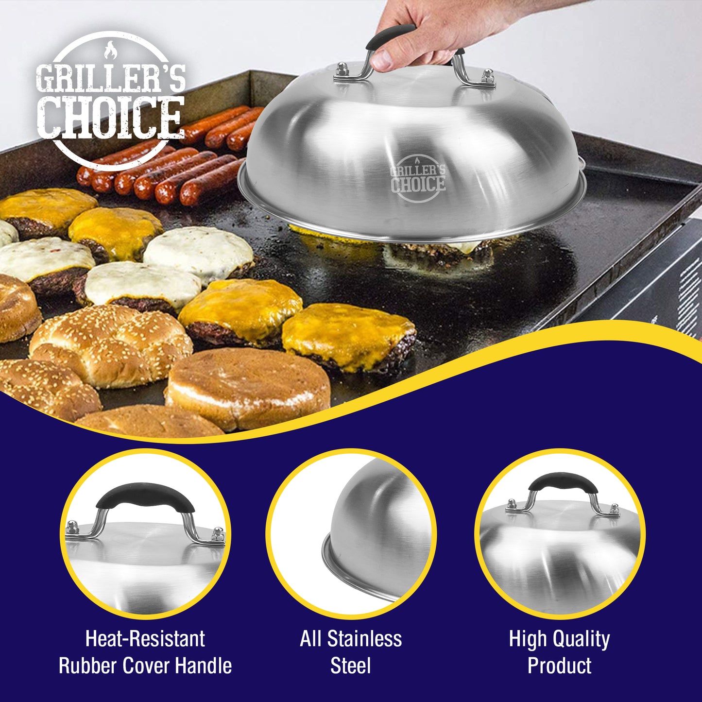 Grillers Choice Smashburger Press and Griddle Dome Cover- Durable Cast Iron Round Burger Press, Stainless Steel Dome for Grillers, Cooks and Camping, Ideal Bacon Press for Griddle Grill, Melting Dome
