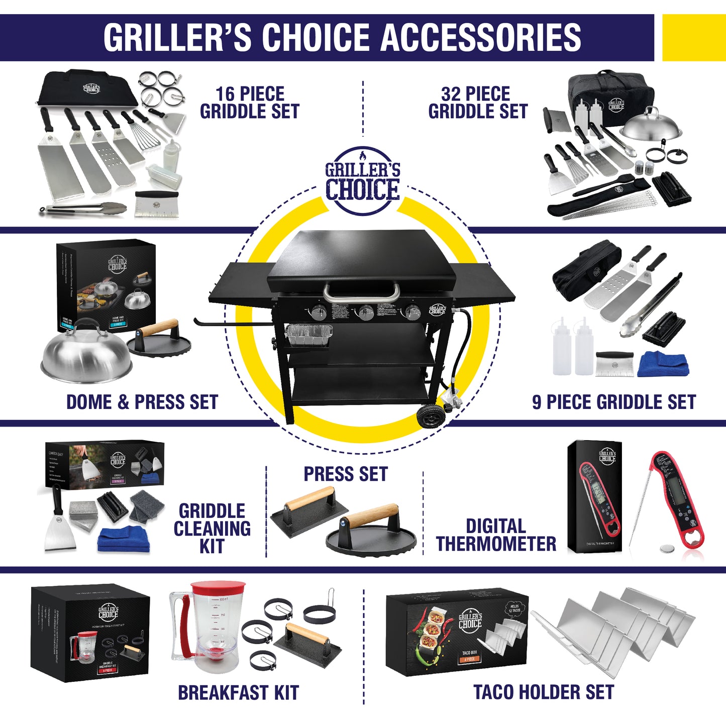 Griller's Choice Gas Griddle with Hinged Hood, Wind Guards, Easy Clean Front Grease System, 4 Shelves, Propane Griddle for Flat Grills Outdoor Cooking, Front Grease Management, Steel Flattop Grills Surface, Precision Heat Control