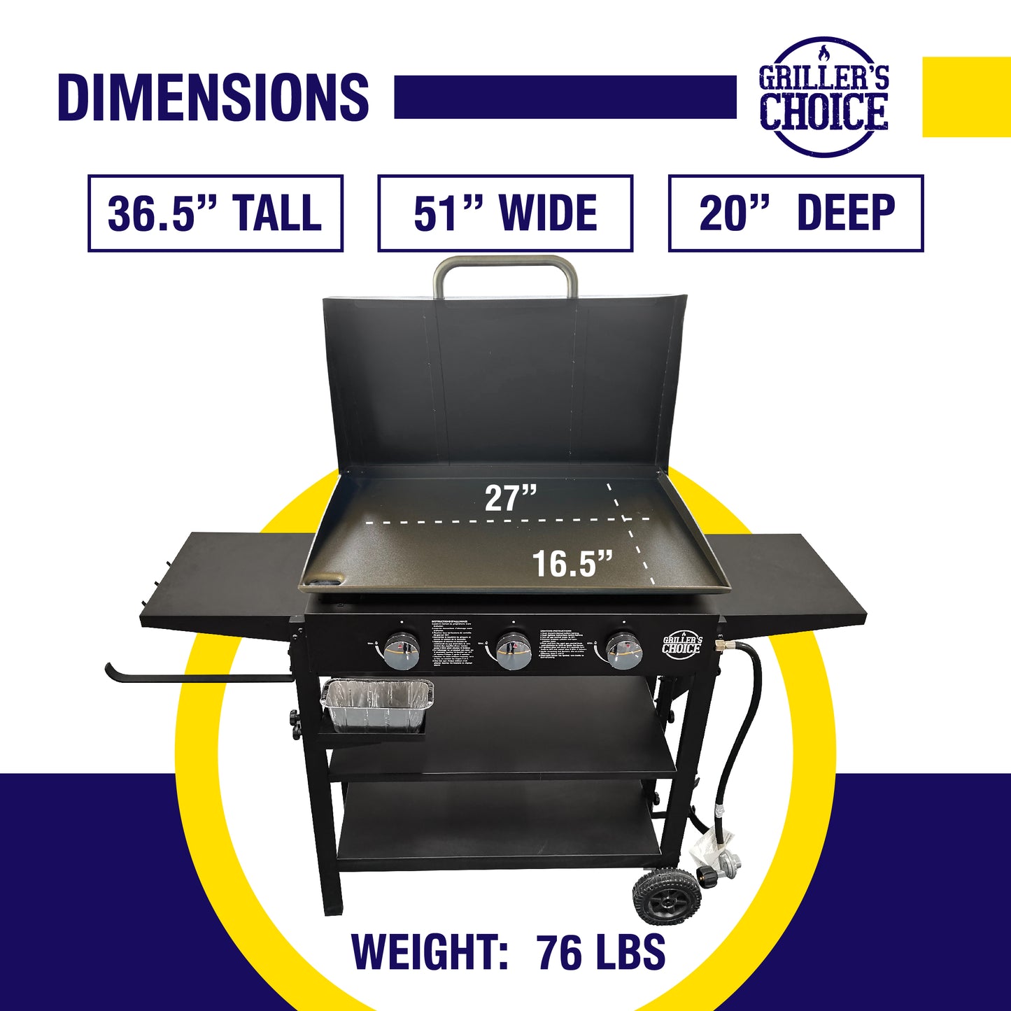 Griller's Choice Gas Griddle with Hinged Hood, Wind Guards, Easy Clean Front Grease System, 4 Shelves, Propane Griddle for Flat Grills Outdoor Cooking, Front Grease Management, Steel Flattop Grills Surface, Precision Heat Control