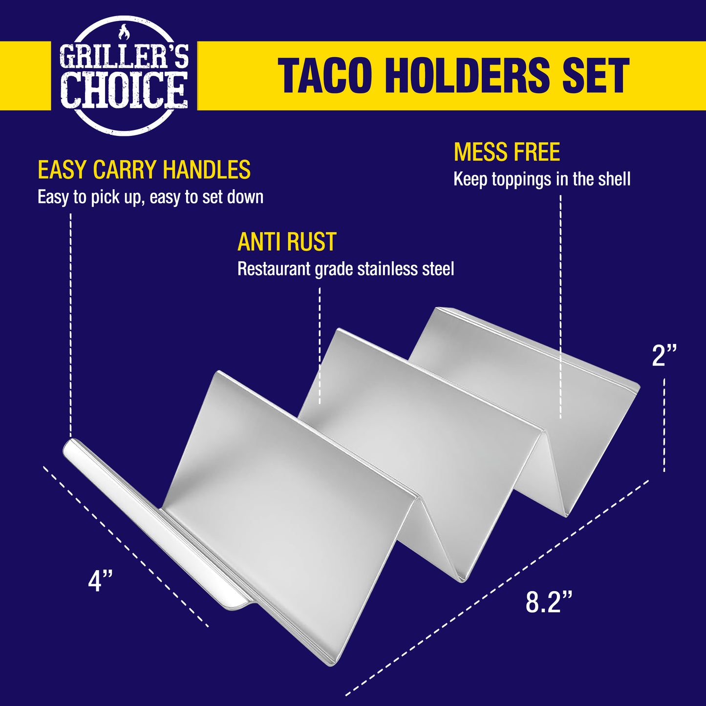Griller's Choice Stainless Steel Taco Holder Set - 4 Pack Taco Shell Holder for 12 Tacos, Easy to Clean Taco Serving Platter, Perfect Taco Rack for Grillers and Griddle Users