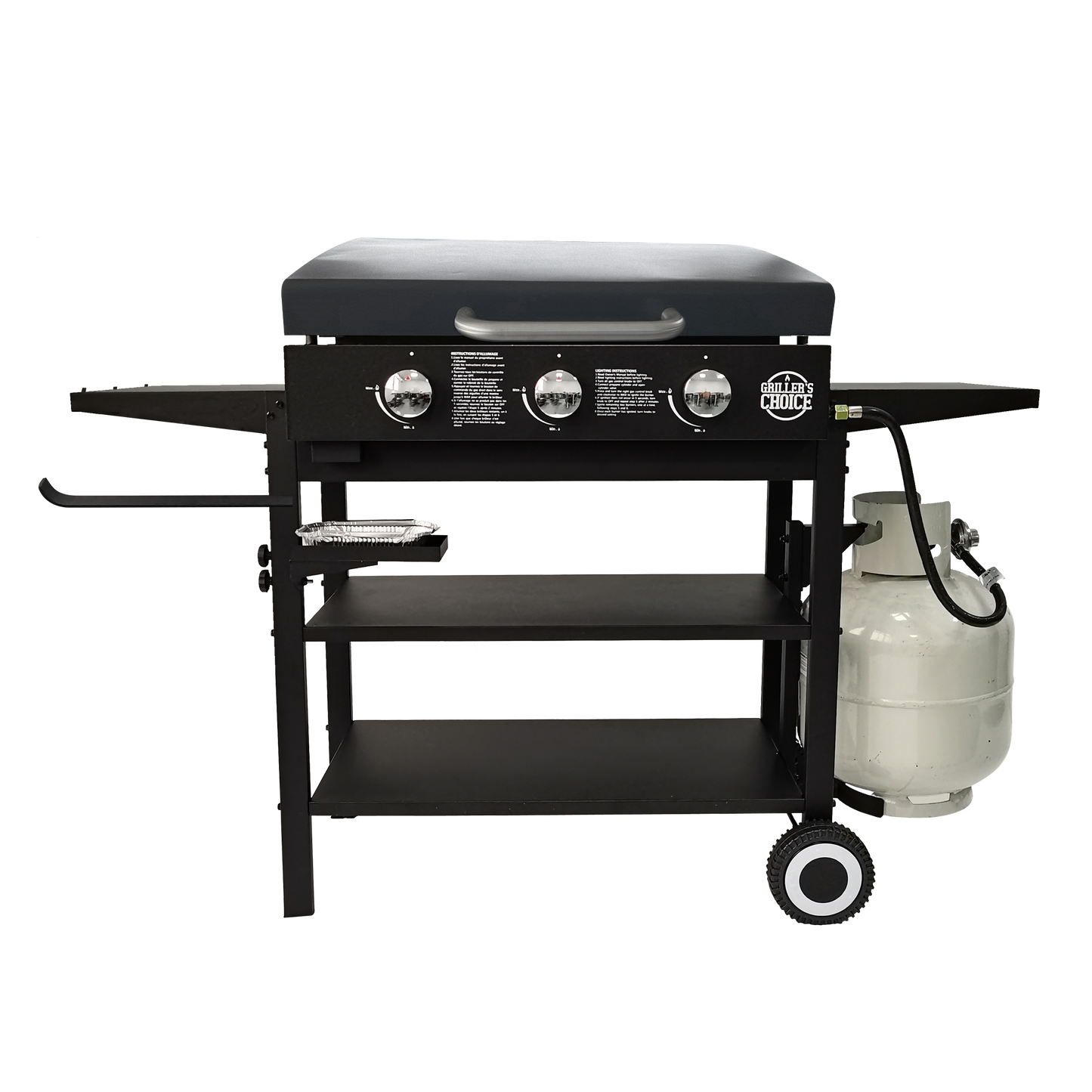 Griller's Choice Gas Griddle with Hinged Hood, Wind Guards, Easy Clean Front Grease System, 4 Shelves, Propane Griddle for Flat Grills Outdoor Cooking, Front Grease Management, Steel Flattop Grills Surface, Precision Heat Control