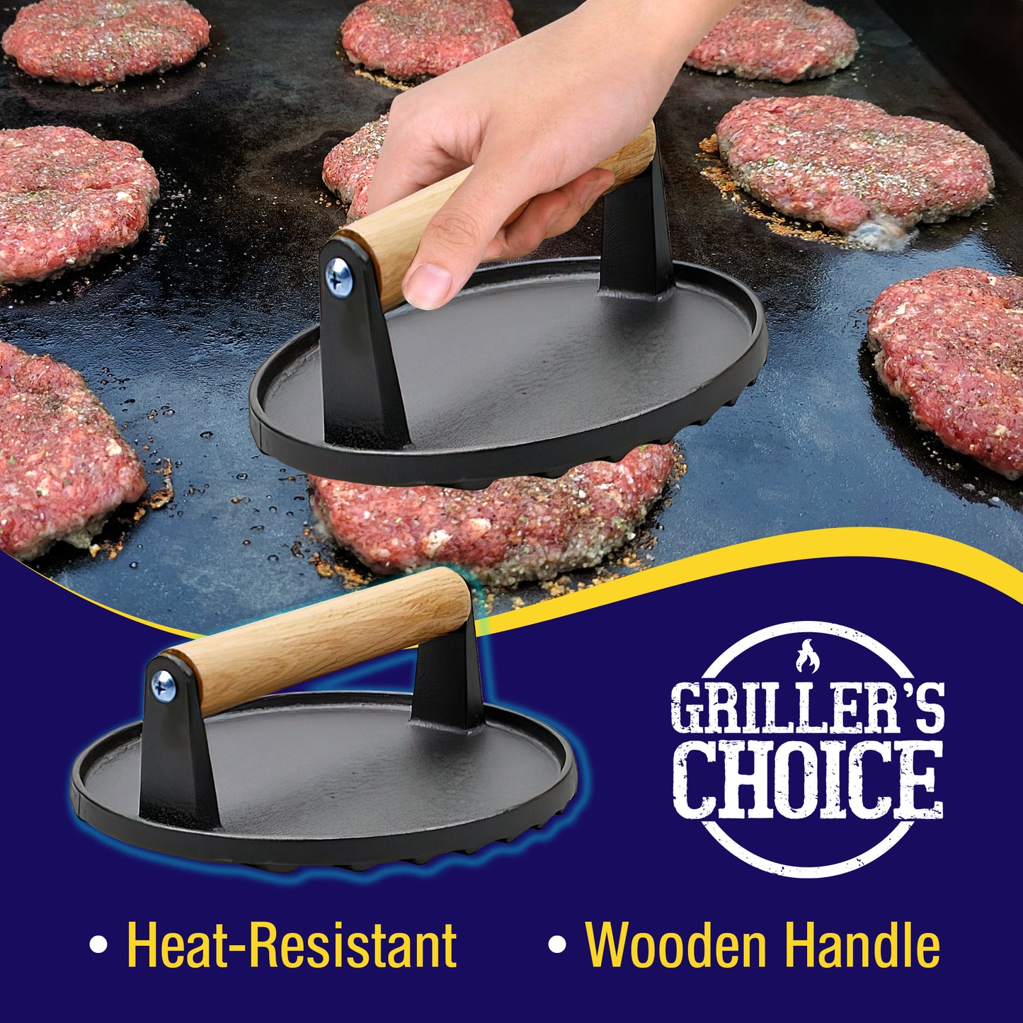 Grillers Choice Bacon Press and Grill Press 2 Piece Set - Durable Cast Iron Meat Press, Hamburger Smasher, Perfect for Grilling and Griddle Cooking, Ideal for Chefs and Cooks