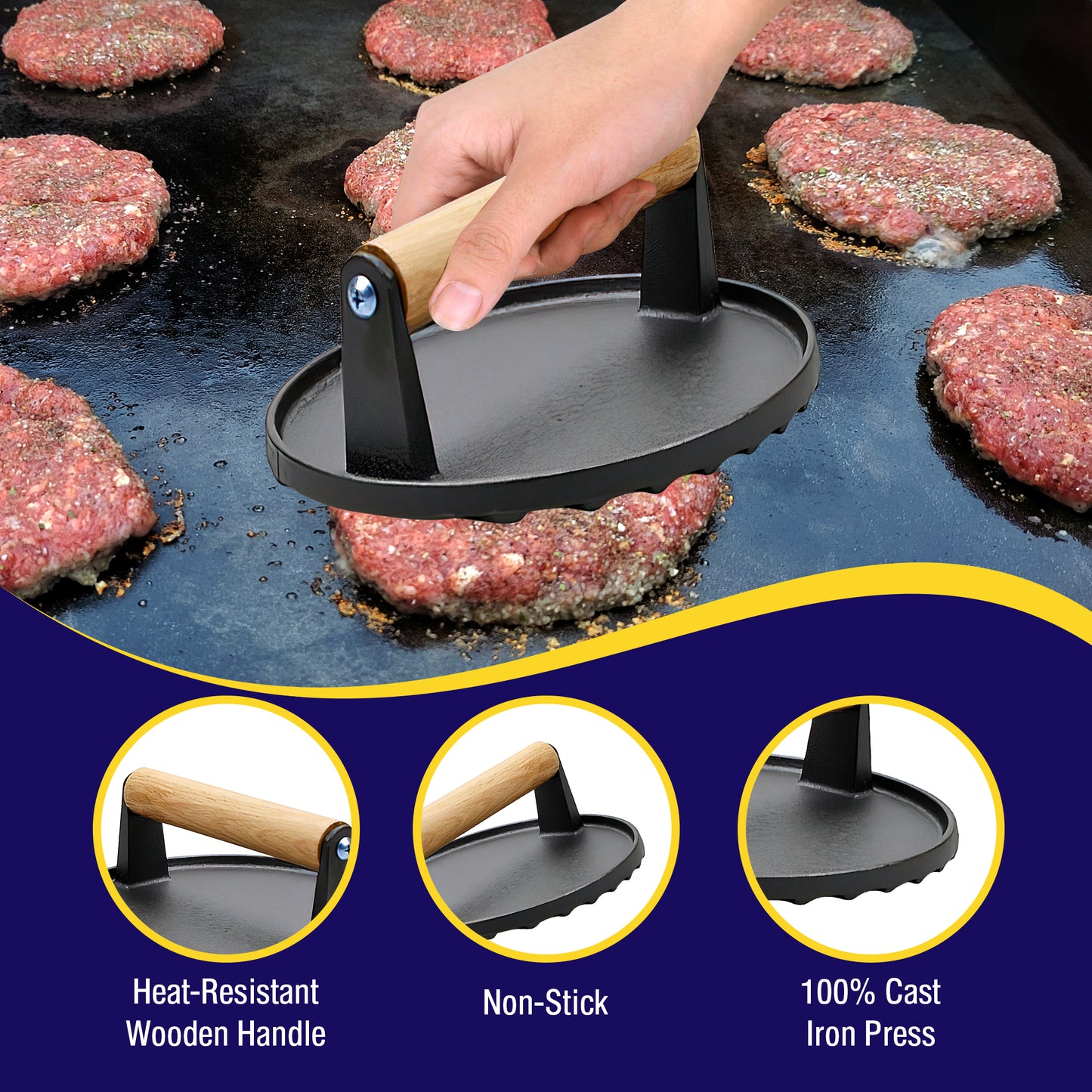 Grillers Choice Bacon Press and Grill Press 2 Piece Set - Durable Cast Iron Meat Press, Hamburger Smasher, Perfect for Grilling and Griddle Cooking, Ideal for Chefs and Cooks