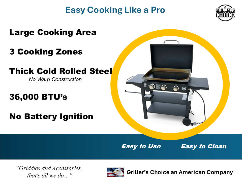 Griller's Choice Outdoor Griddle Grill Propane Gas Flat Top - Hood Included, 36,000 BTU's and 450 sq inch Flat Top Grill, Paper Towel Holder