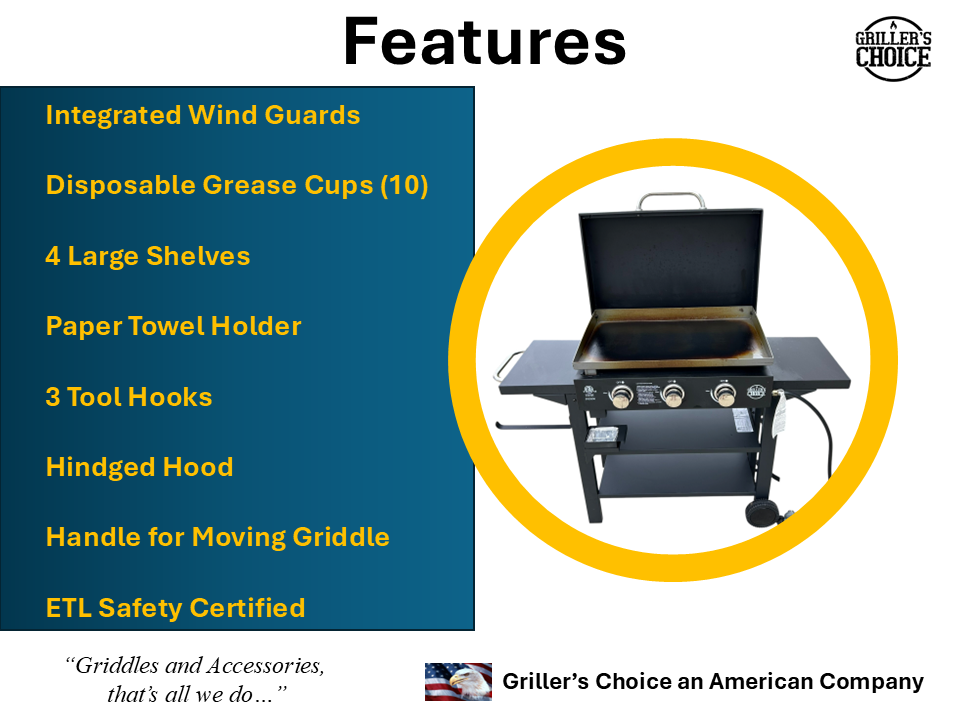 Griller's Choice Outdoor Griddle Grill Propane Gas Flat Top - Hood Included, 36,000 BTU's and 450 sq inch Flat Top Grill, Paper Towel Holder