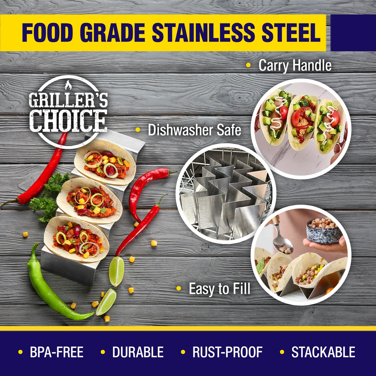 Griller's Choice Stainless Steel Taco Holder Set - 4 Pack Taco Shell Holder for 12 Tacos, Easy to Clean Taco Serving Platter, Perfect Taco Rack for Grillers and Griddle Users