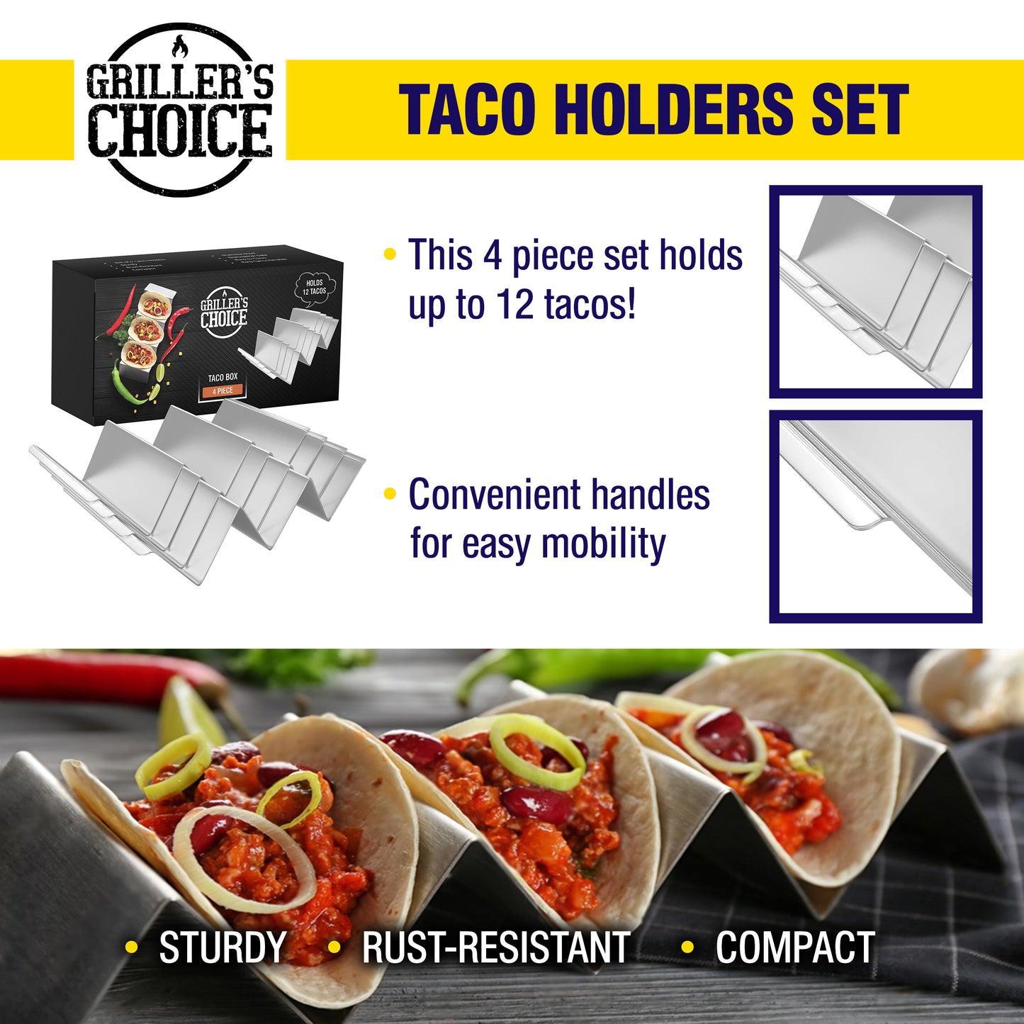 Griller's Choice Stainless Steel Taco Holder Set - 4 Pack Taco Shell Holder for 12 Tacos, Easy to Clean Taco Serving Platter, Perfect Taco Rack for Grillers and Griddle Users