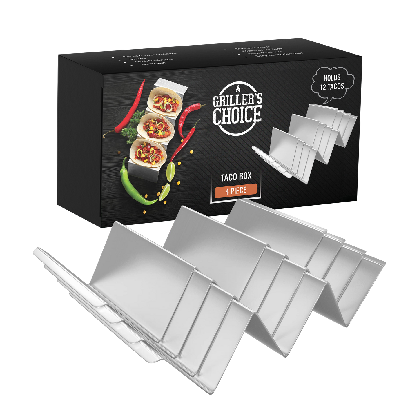Griller's Choice Stainless Steel Taco Holder Set - 4 Pack Taco Shell Holder for 12 Tacos, Easy to Clean Taco Serving Platter, Perfect Taco Rack for Grillers and Griddle Users