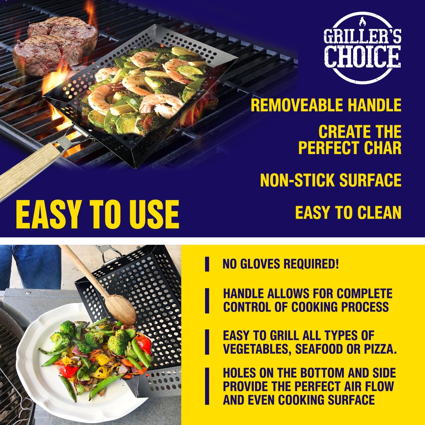 Griller's Choice Rectangular Grill Basket With Removeable Handle - Large Non-Stick Commercial Basket With Handle For Outdoor Grilling. Designed By Chef, BBQ Judge. BBQ Grill Accessory Grill Pan.