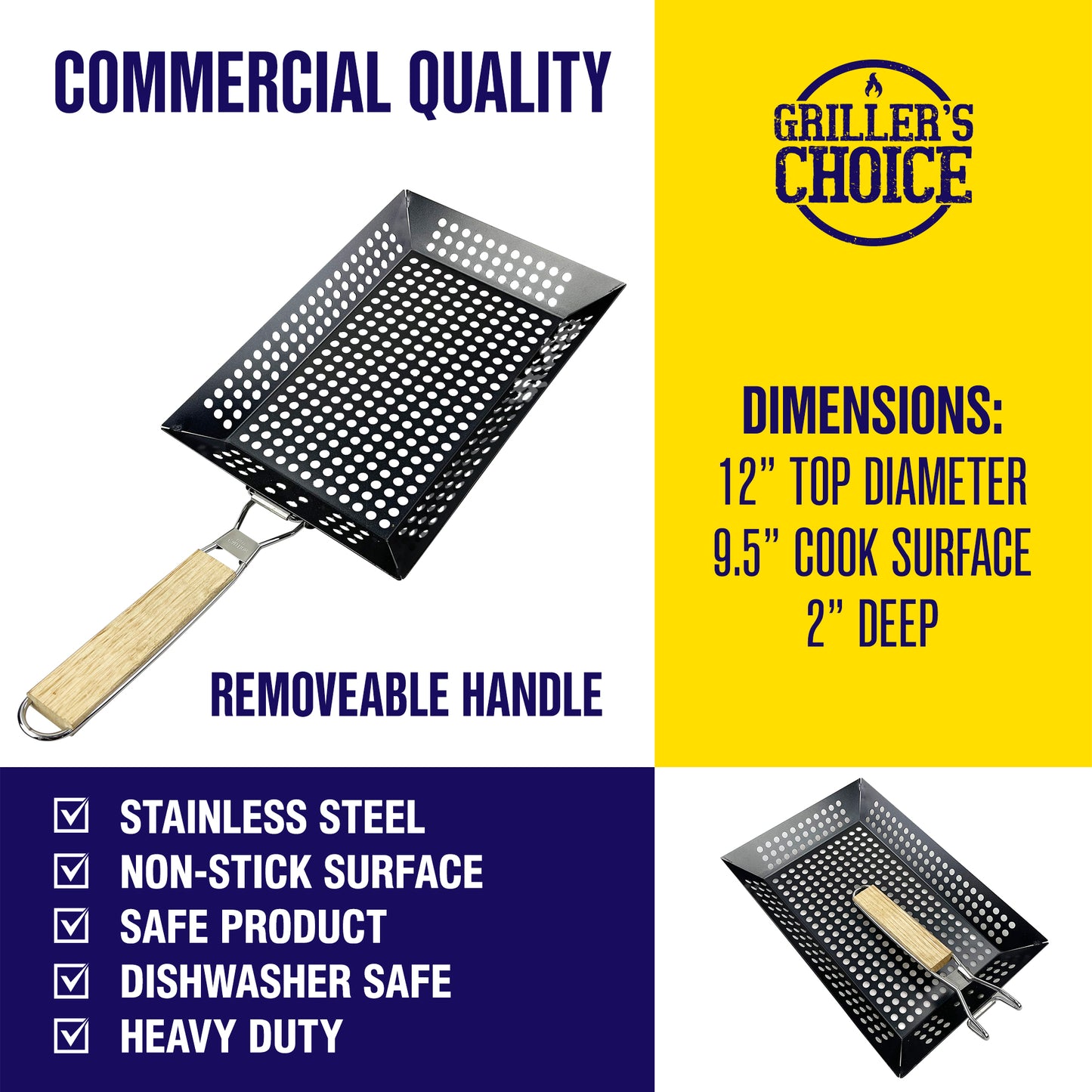 Griller's Choice Rectangular Grill Basket With Removeable Handle - Large Non-Stick Commercial Basket With Handle For Outdoor Grilling. Designed By Chef, BBQ Judge. BBQ Grill Accessory Grill Pan.