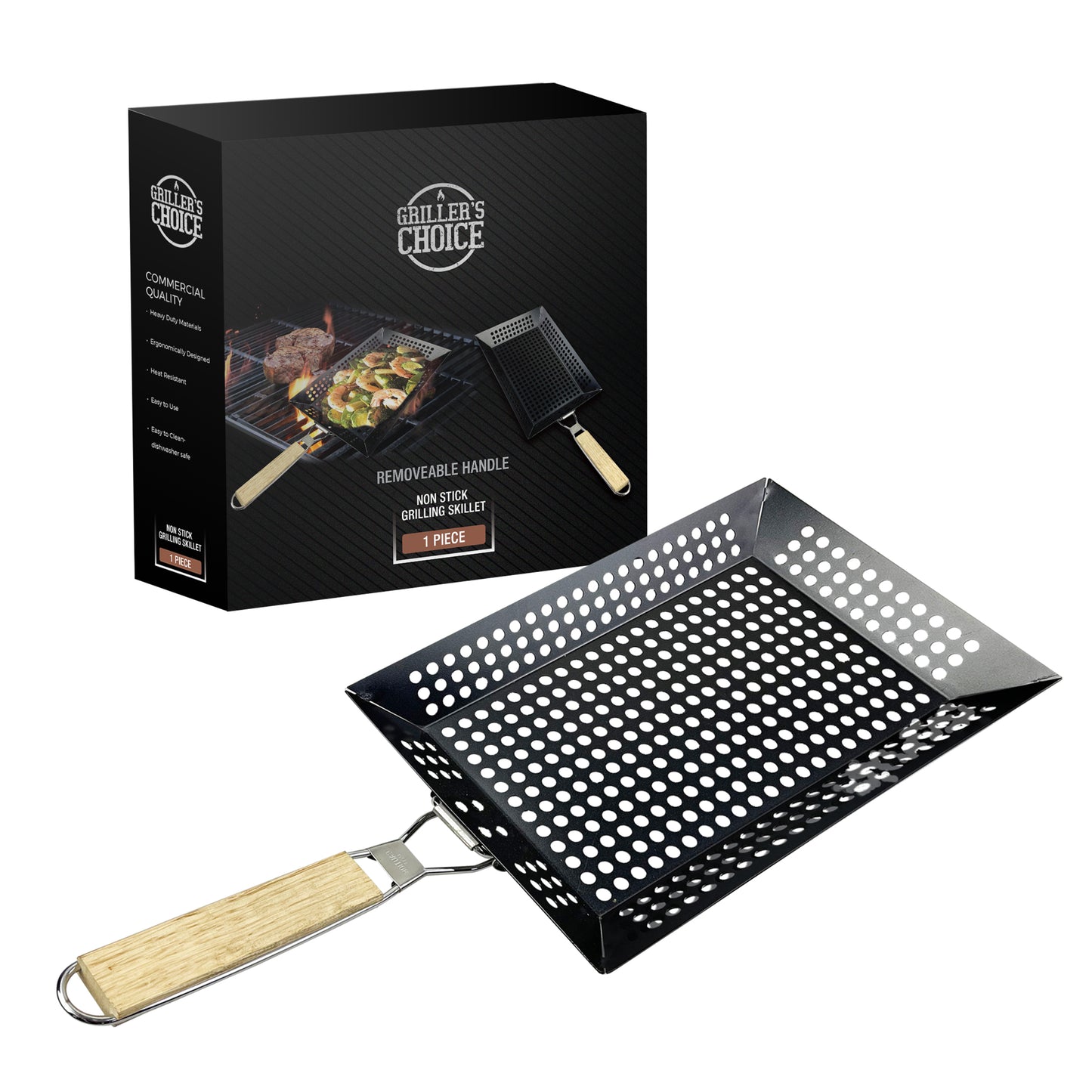 Griller's Choice Rectangular Grill Basket With Removeable Handle - Large Non-Stick Commercial Basket With Handle For Outdoor Grilling. Designed By Chef, BBQ Judge. BBQ Grill Accessory Grill Pan.