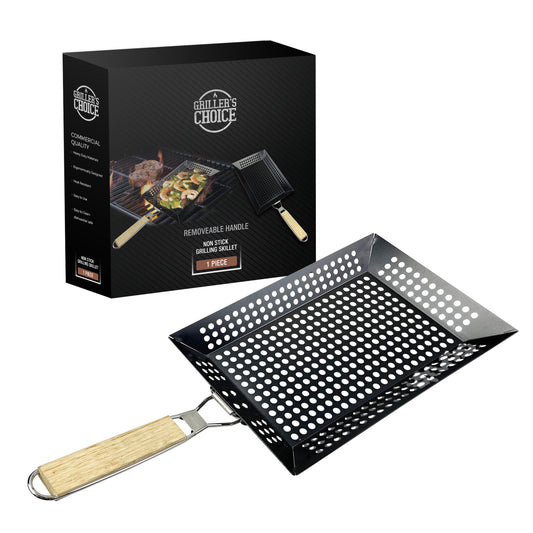 Griller's Choice Rectangular Grill Basket With Removeable Handle - Large Non-Stick Commercial Basket With Handle For Outdoor Grilling. Designed By Chef, BBQ Judge. BBQ Grill Accessory Grill Pan.