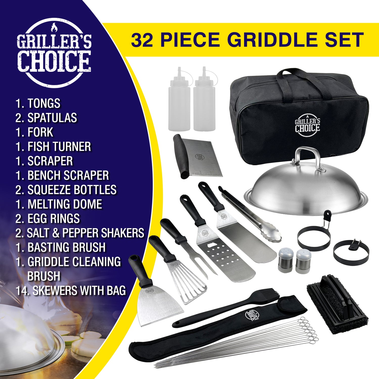 32 piece griddle set griddle grill blackstone tools metal spatula melting dome egg rings bench scraper bottles salt and pepper tongs baster cleaning brush