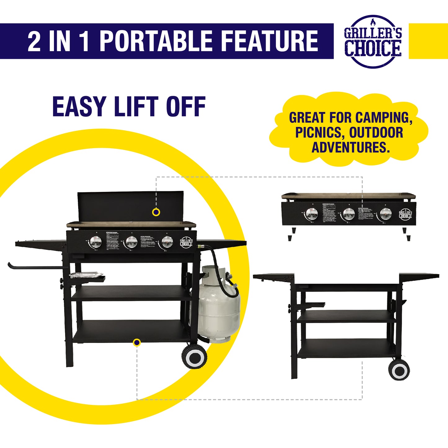 Griller's Choice Outdoor Griddle Grill Propane Gas Flat Top - Hood Included, 36,000 BTU's and 450 sq inch Flat Top Grill, Paper Towel Holder