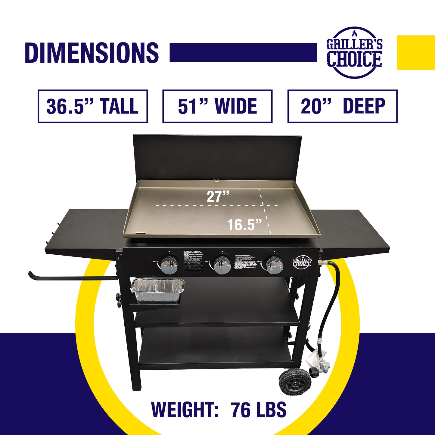 Griller's Choice Outdoor Griddle Grill Propane Gas Flat Top - Hood Included, 36,000 BTU's and 450 sq inch Flat Top Grill, Paper Towel Holder