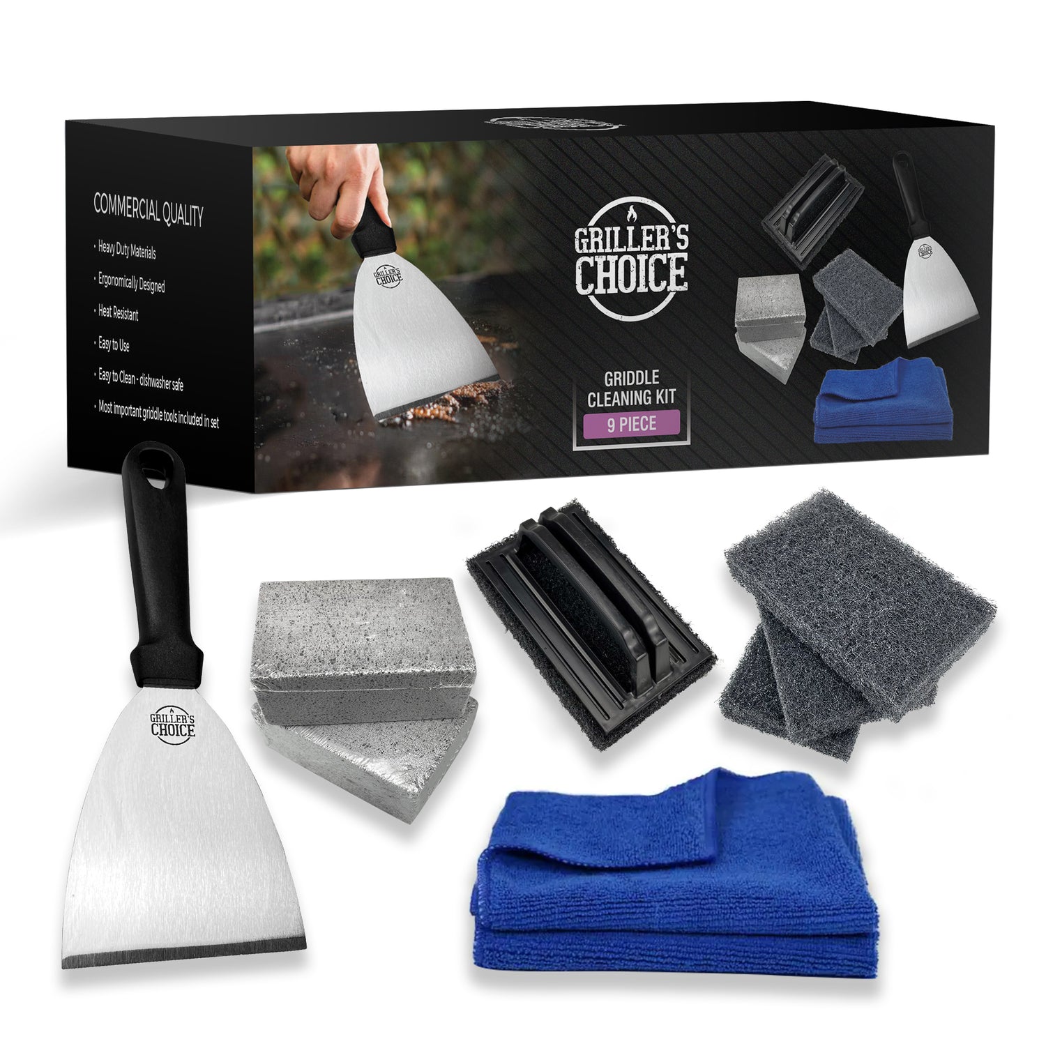 Griddle Cleaning Kit - Flat Top Grill Cleaner, stainless steel scraper