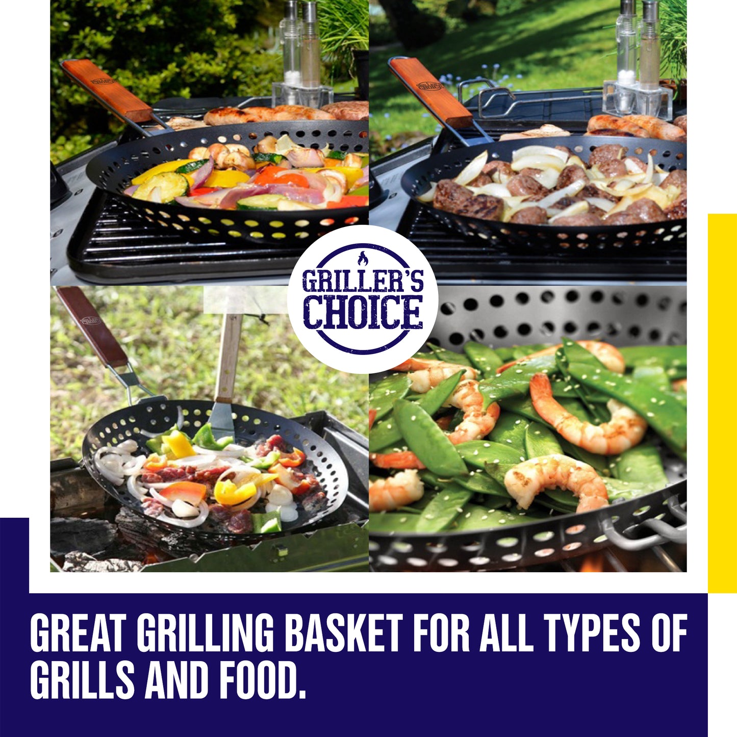 Grill Basket - Large Non-Stick Grill Skillet with Handle for Outdoor Grilling. Barbeque Grilling Accessories.