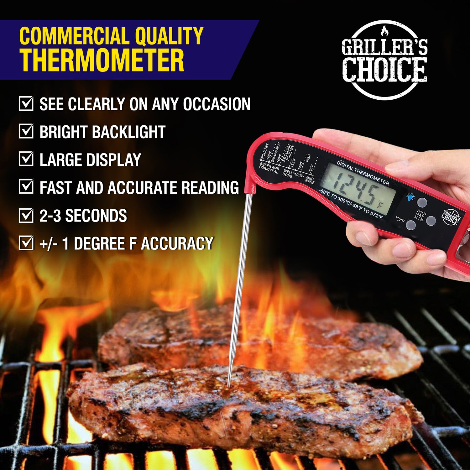 Digital Instant Read Thermometer- Precise, Backlight, Magnet, Folding –  Grillers Choice Brands