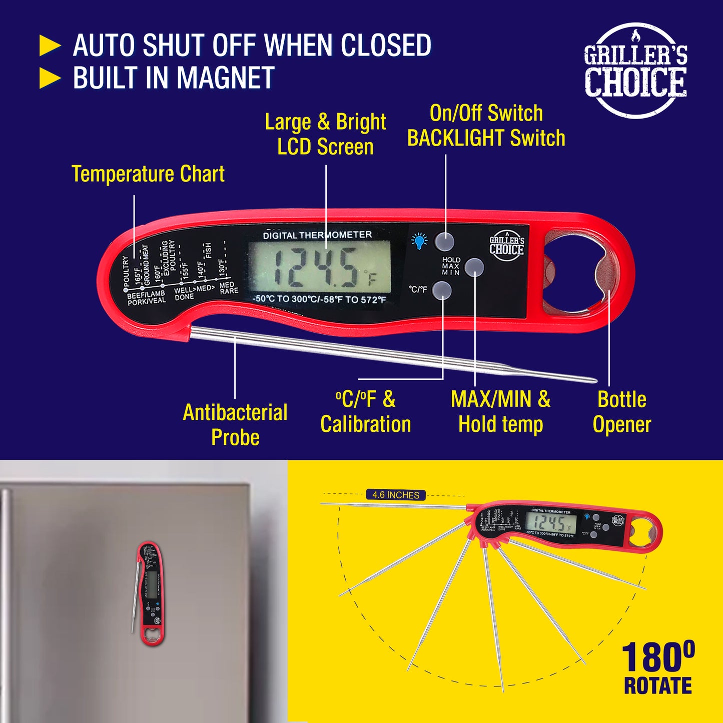 Digital Instant Read Thermometer- Precise, Backlight, Magnet, Folding Probe. Great for BQQ, Grill, Meat, Candy, Frying